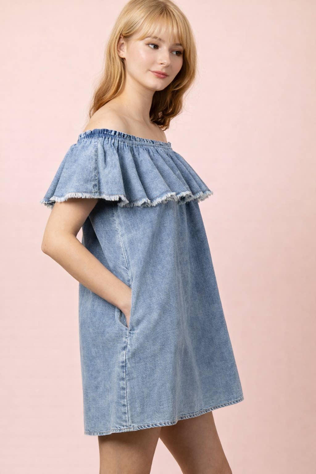 Off Shoulder Washed Chambray Mini Dress
