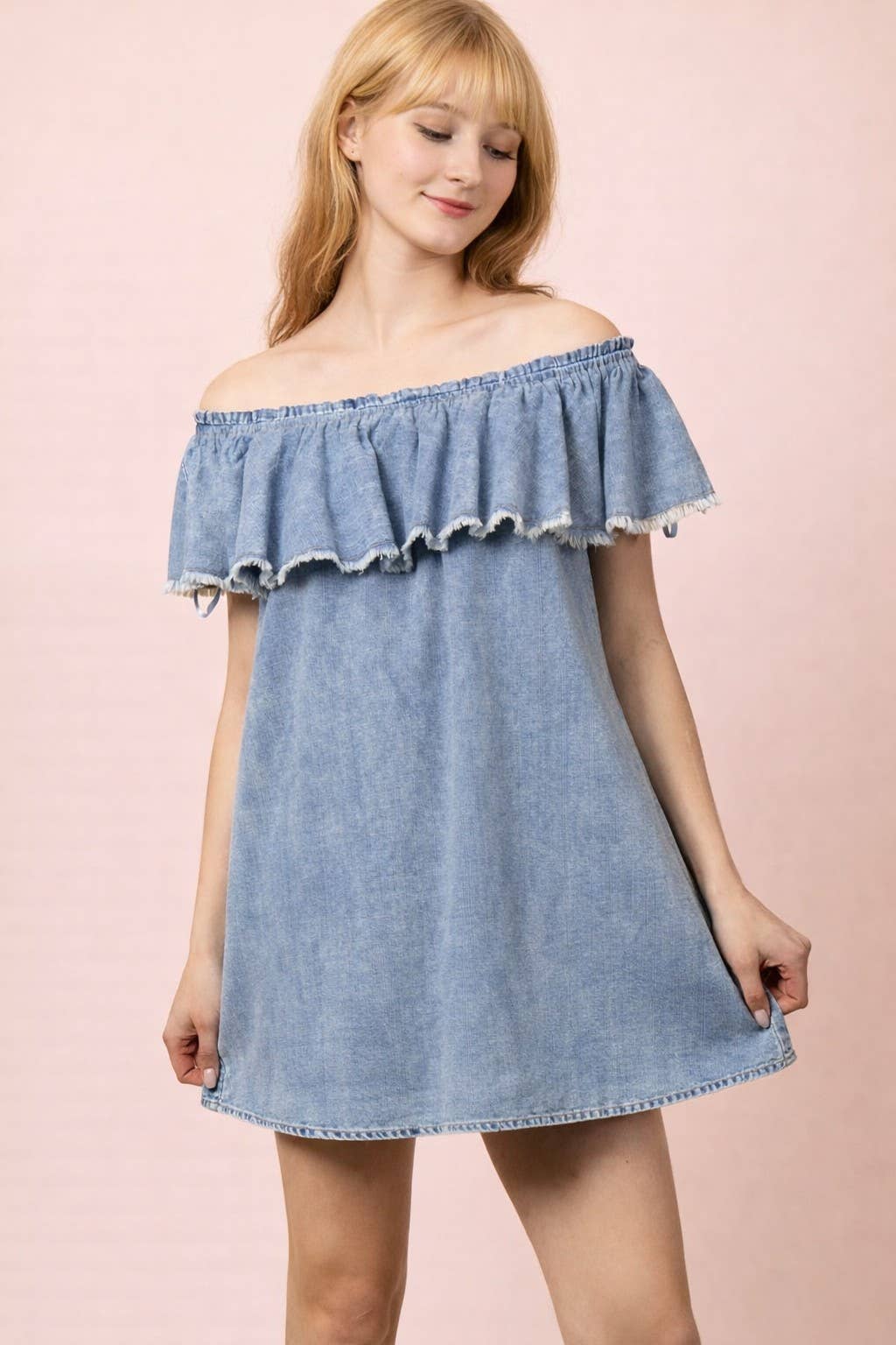 Off Shoulder Washed Chambray Mini Dress