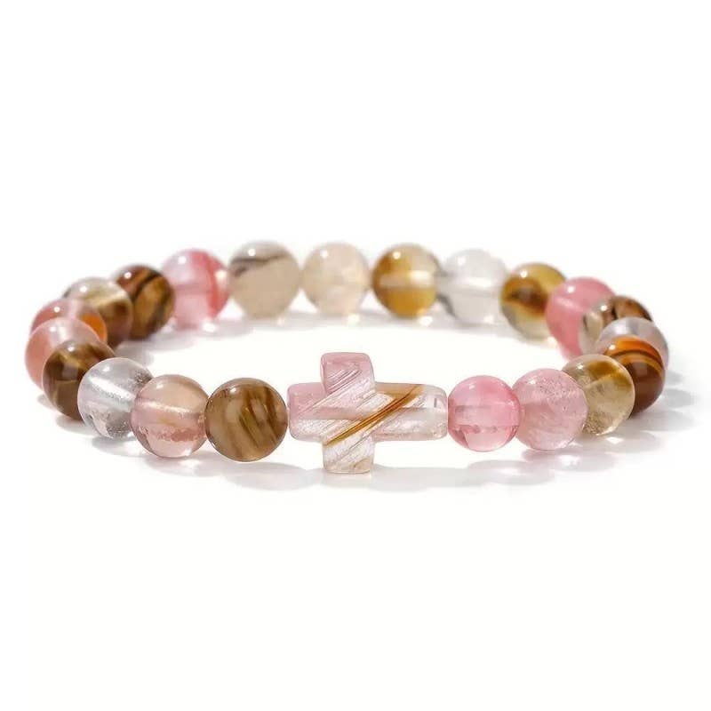 Boho Natural Stone Cross Charm Beaded Bracelet