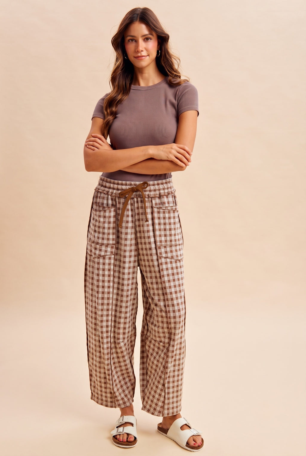 SOFT BRUSHED CHECK BARREL FIT KNIT PANTS