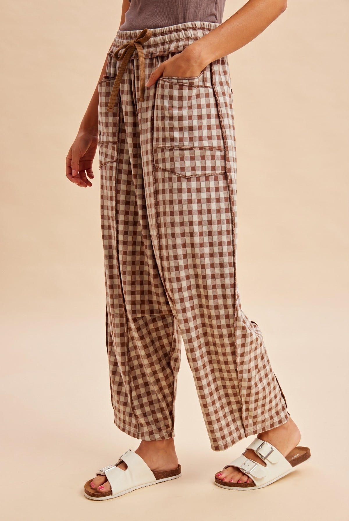 SOFT BRUSHED CHECK BARREL FIT KNIT PANTS