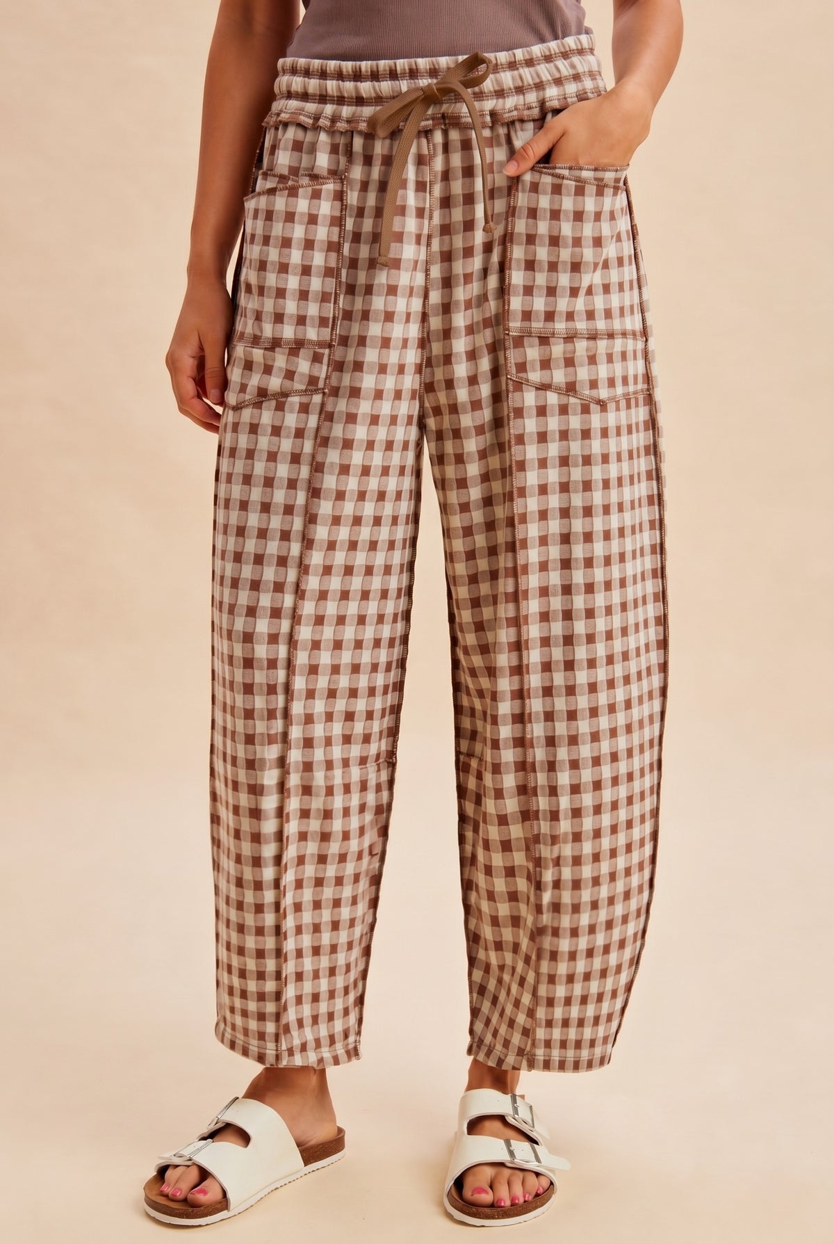 SOFT BRUSHED CHECK BARREL FIT KNIT PANTS