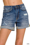 Distressed Cuffed Raw Hem Denim Shorts