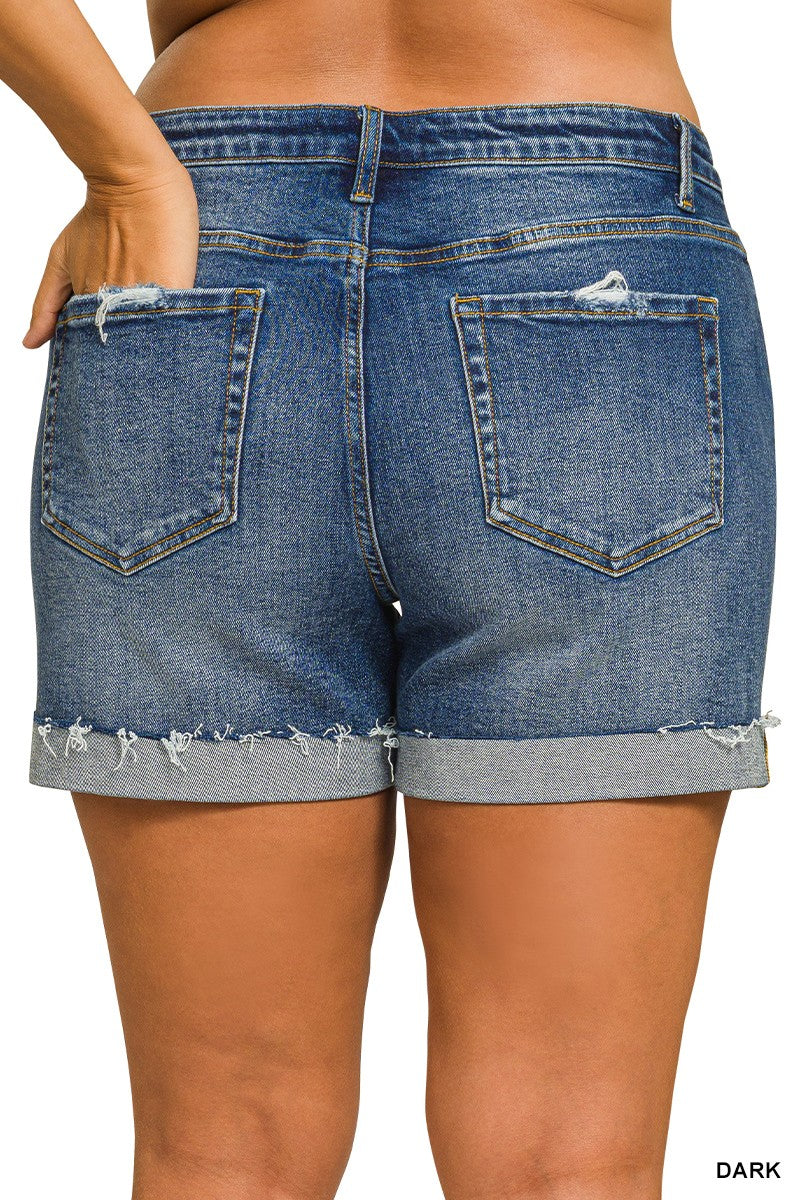 Distressed Cuffed Raw Hem Denim Shorts