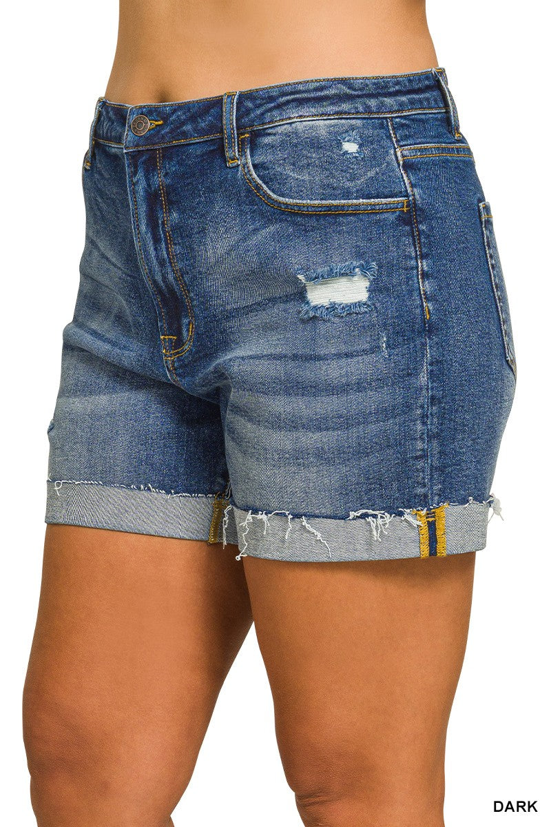 Distressed Cuffed Raw Hem Denim Shorts