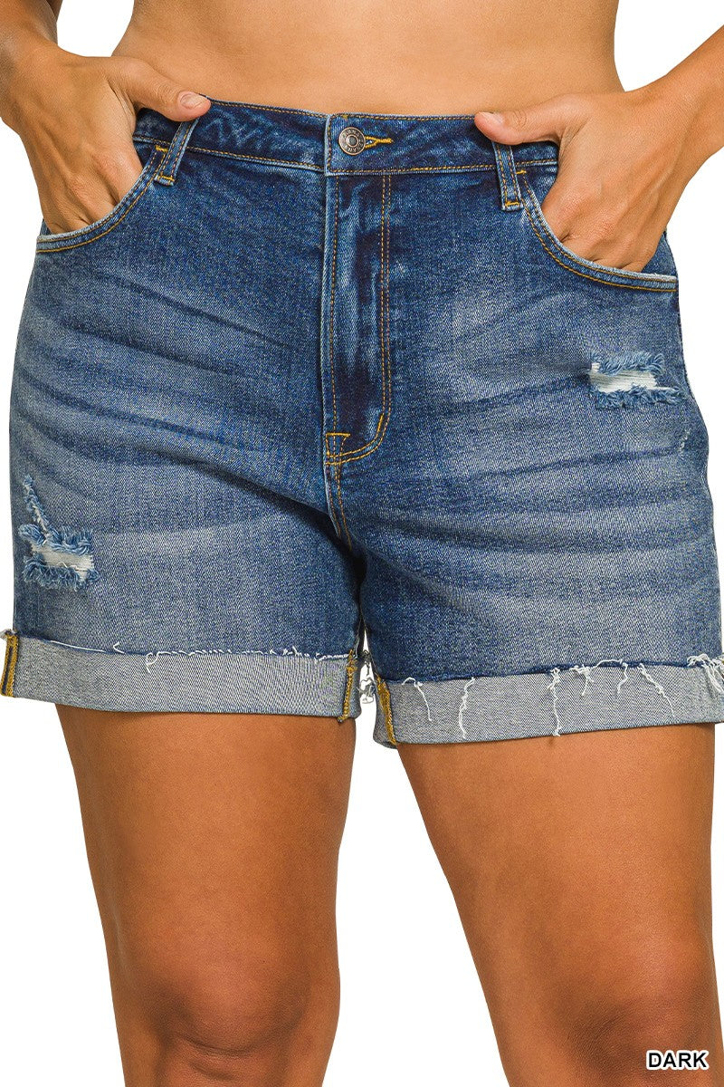 Distressed Cuffed Raw Hem Denim Shorts