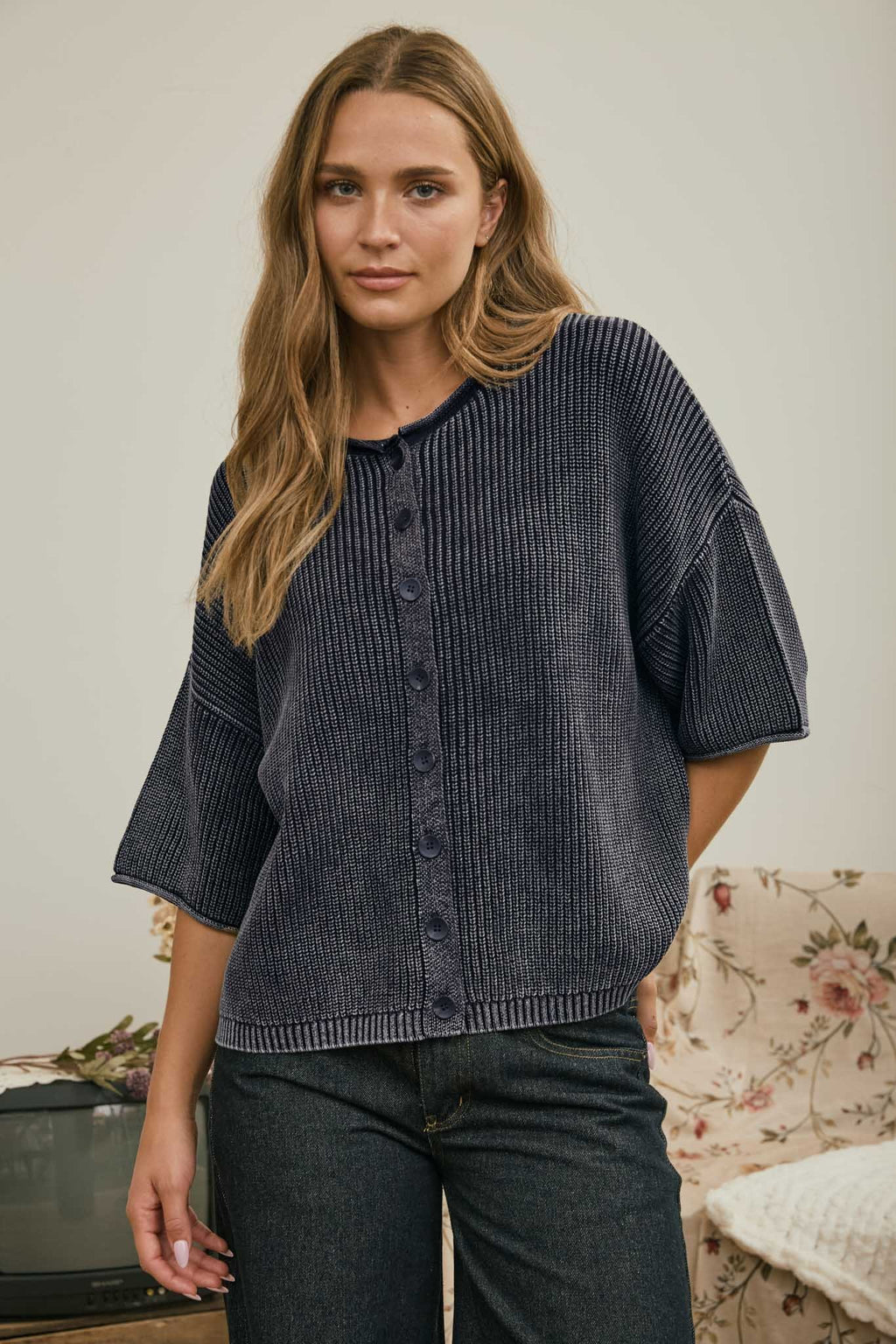 Ribbed Short Sleeve Cardigan {Navy}
