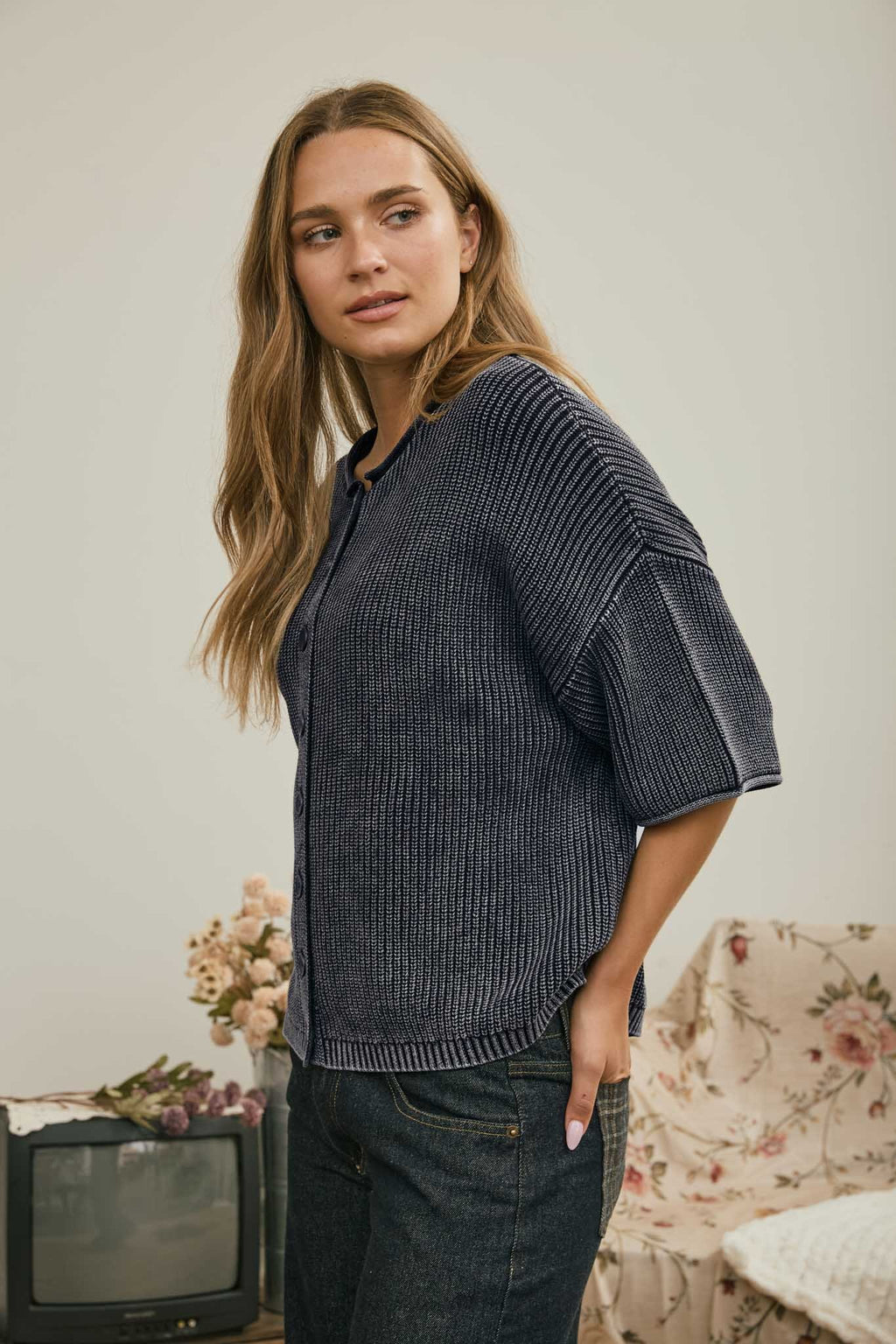 Ribbed Short Sleeve Cardigan {Navy}