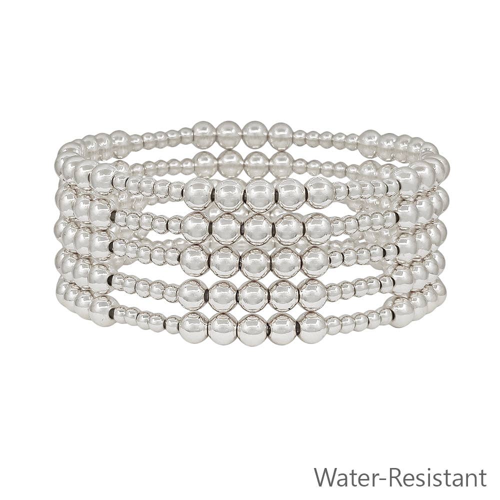 Water resistant Set of 5 5MM & 3MM Beaded Silver Stretch Bracelet