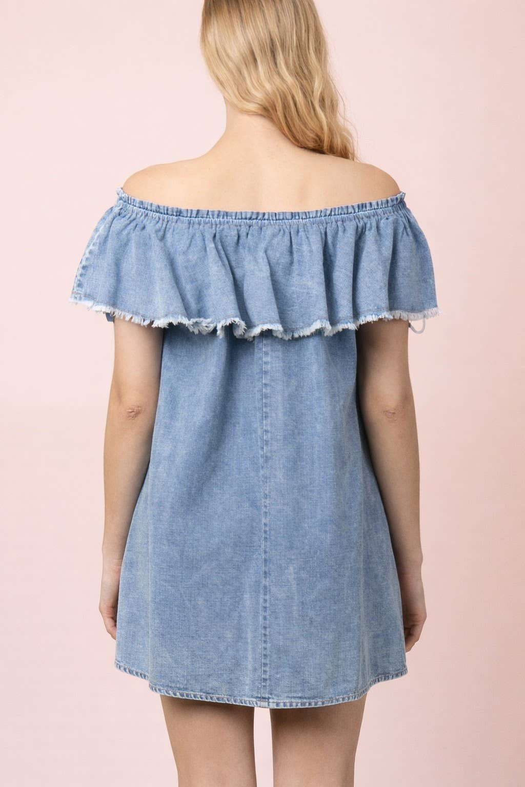 Off Shoulder Washed Chambray Mini Dress