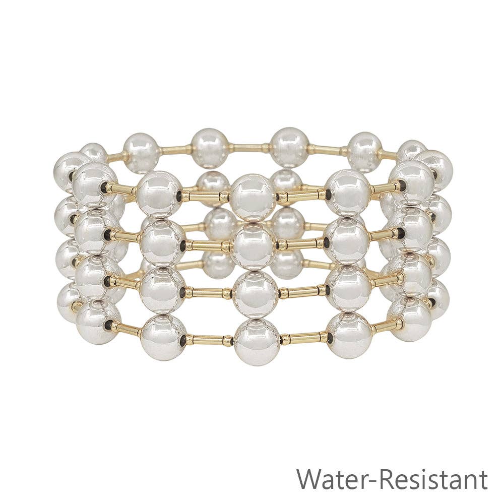 Water Resistant Set of 4 8MM Silver Beaded and Gold Bar Stretch Bracelets