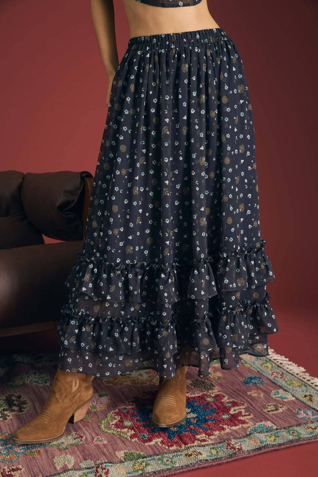 Floral Ruffled Midi Skirt