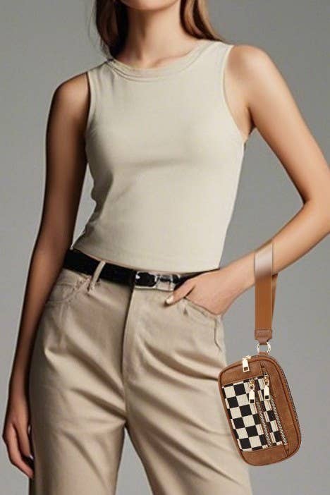 Multi-Zipper Checkered Pouch Wristlet