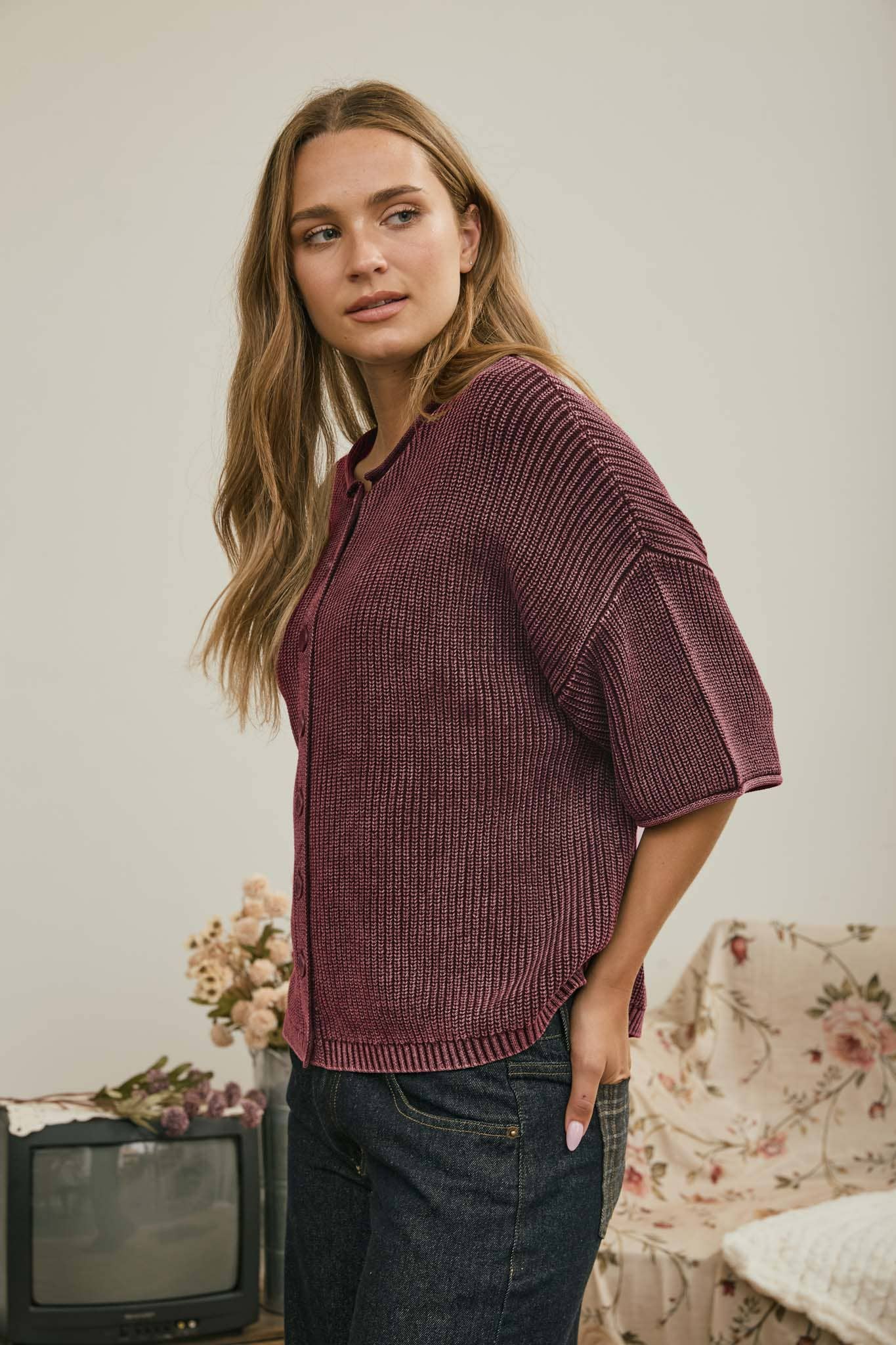 Ribbed Short Sleeve Cardigan {Burgundy}