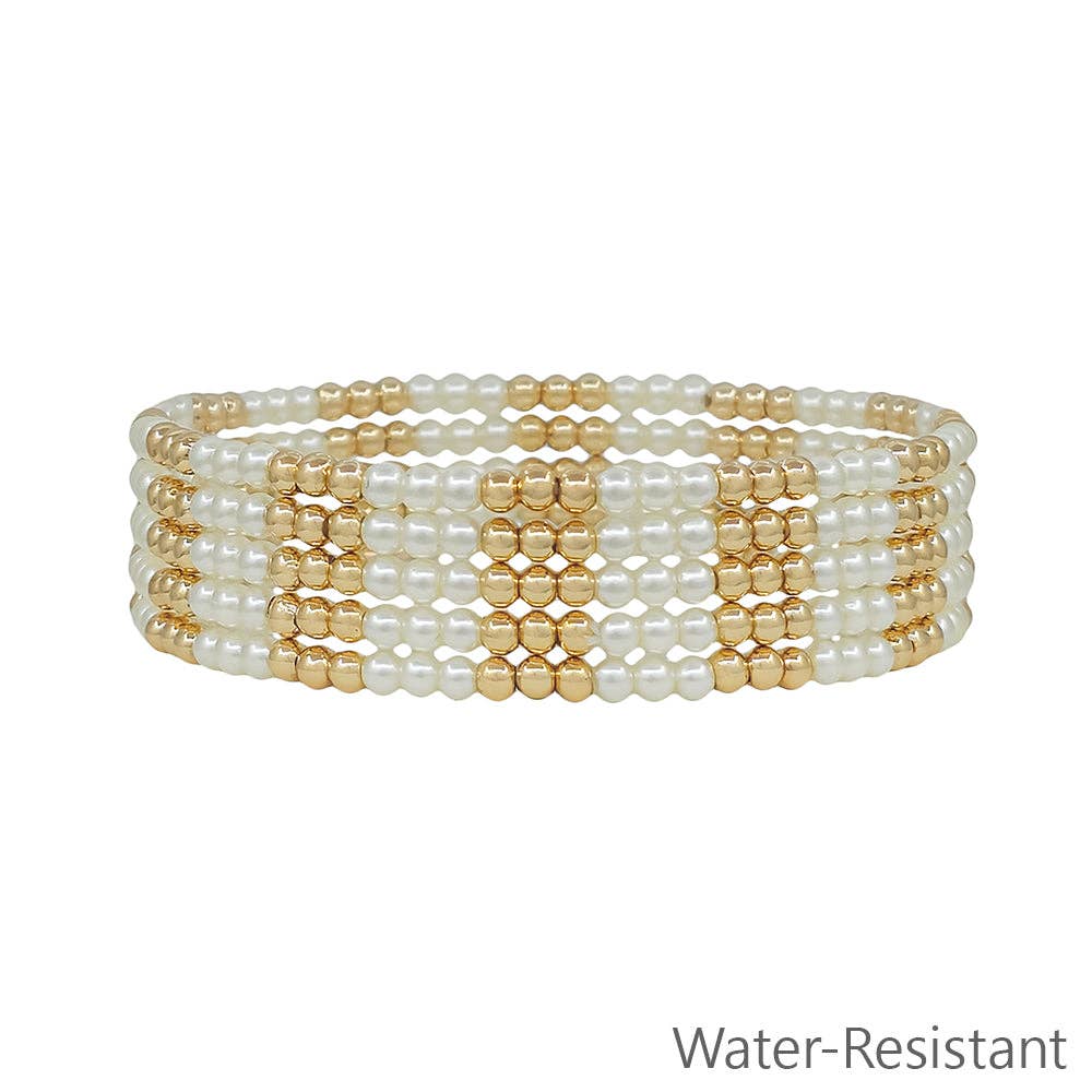 Water Resistant Set of 5 Gold and Pearl 3MM Beaded Stretch Bracelets