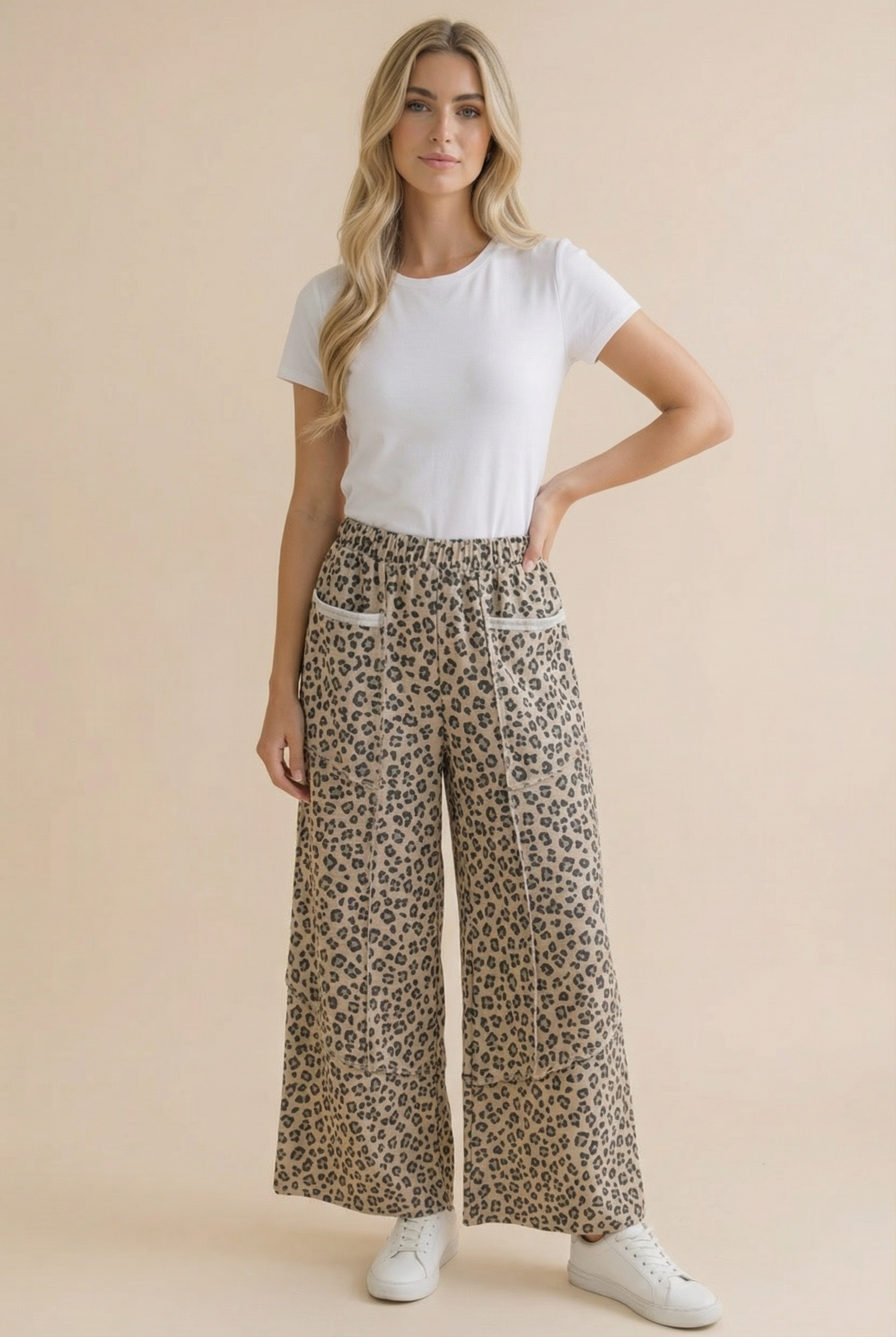 Leopard French Terry Wide Leg Pocket Pants