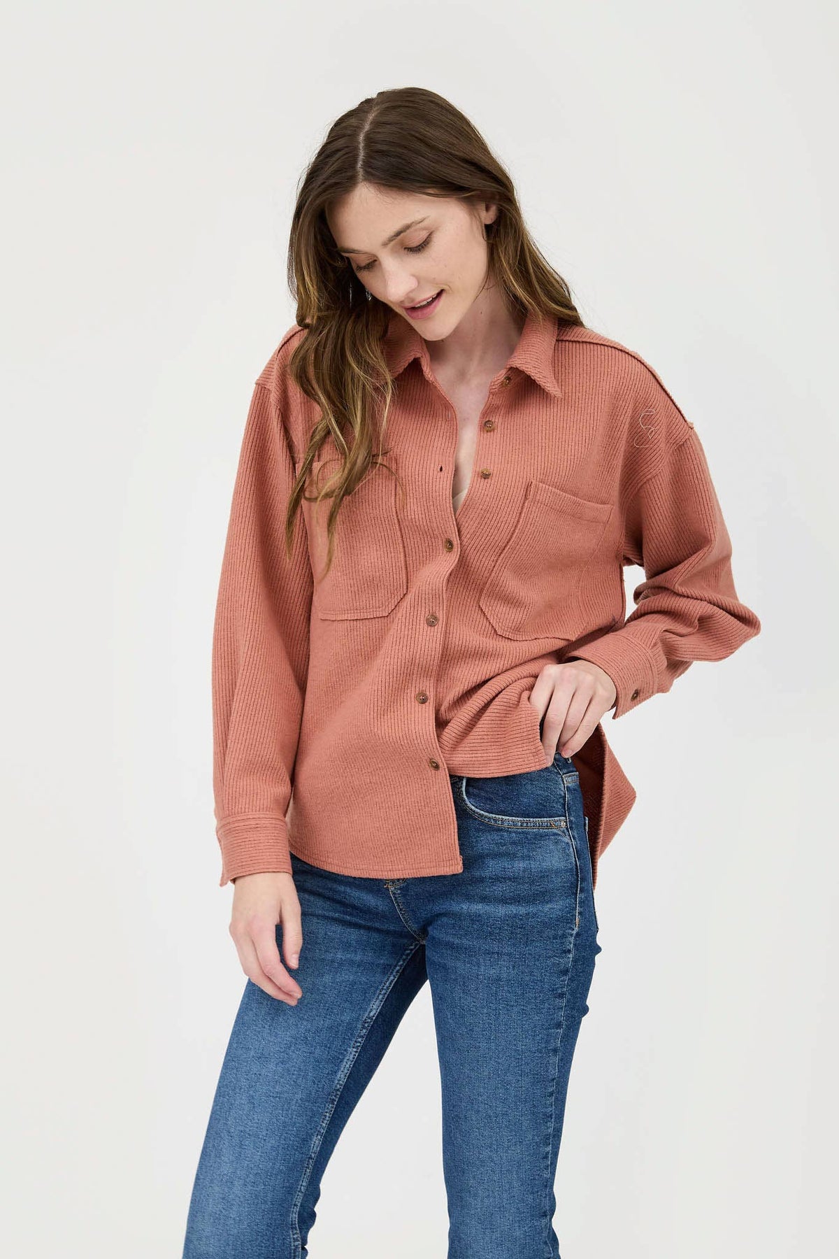 Ribbed Knit Button Down Top