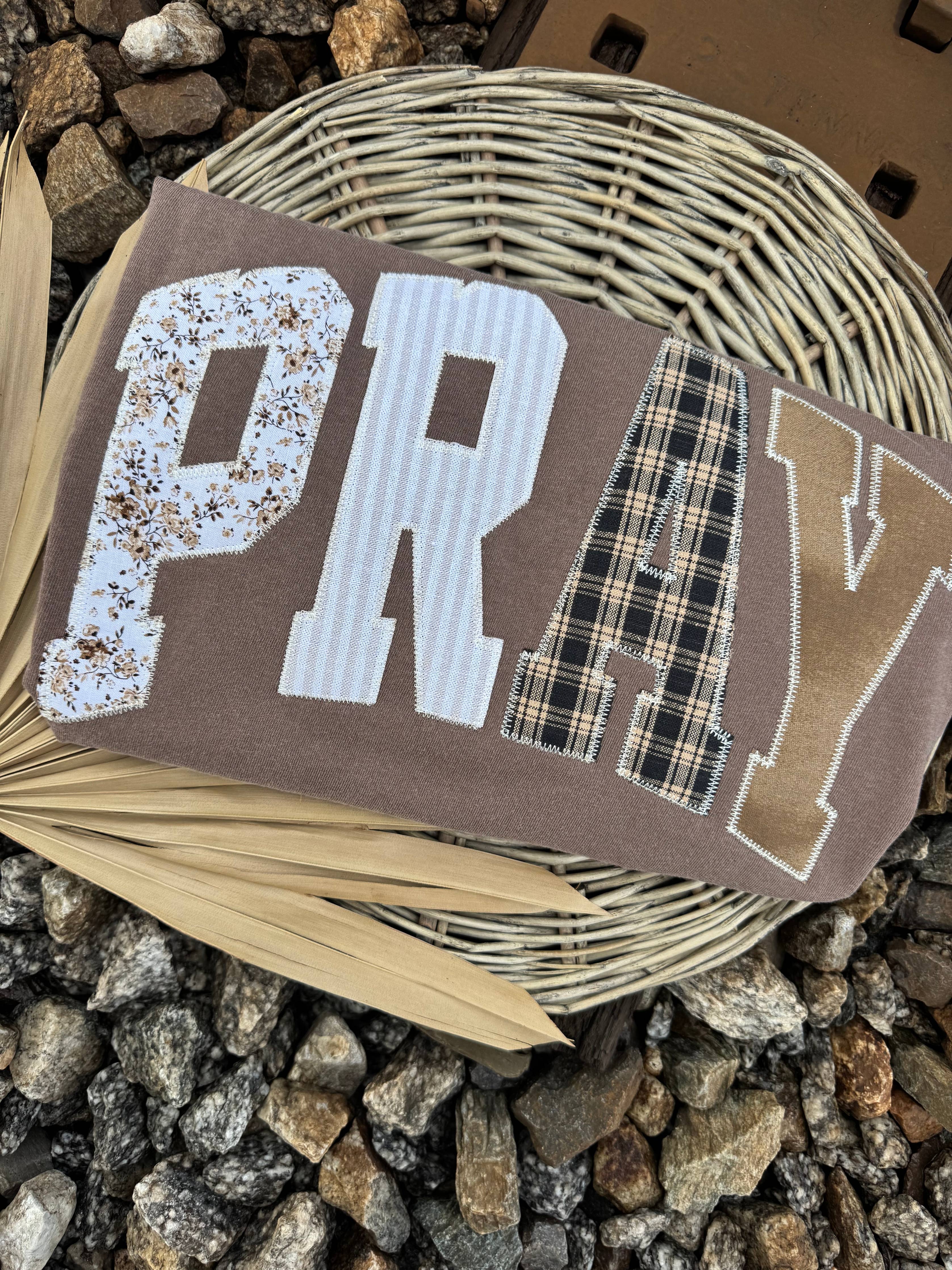 Pray Floral, Stripe, Plaid Applique Short Sleeve Tee