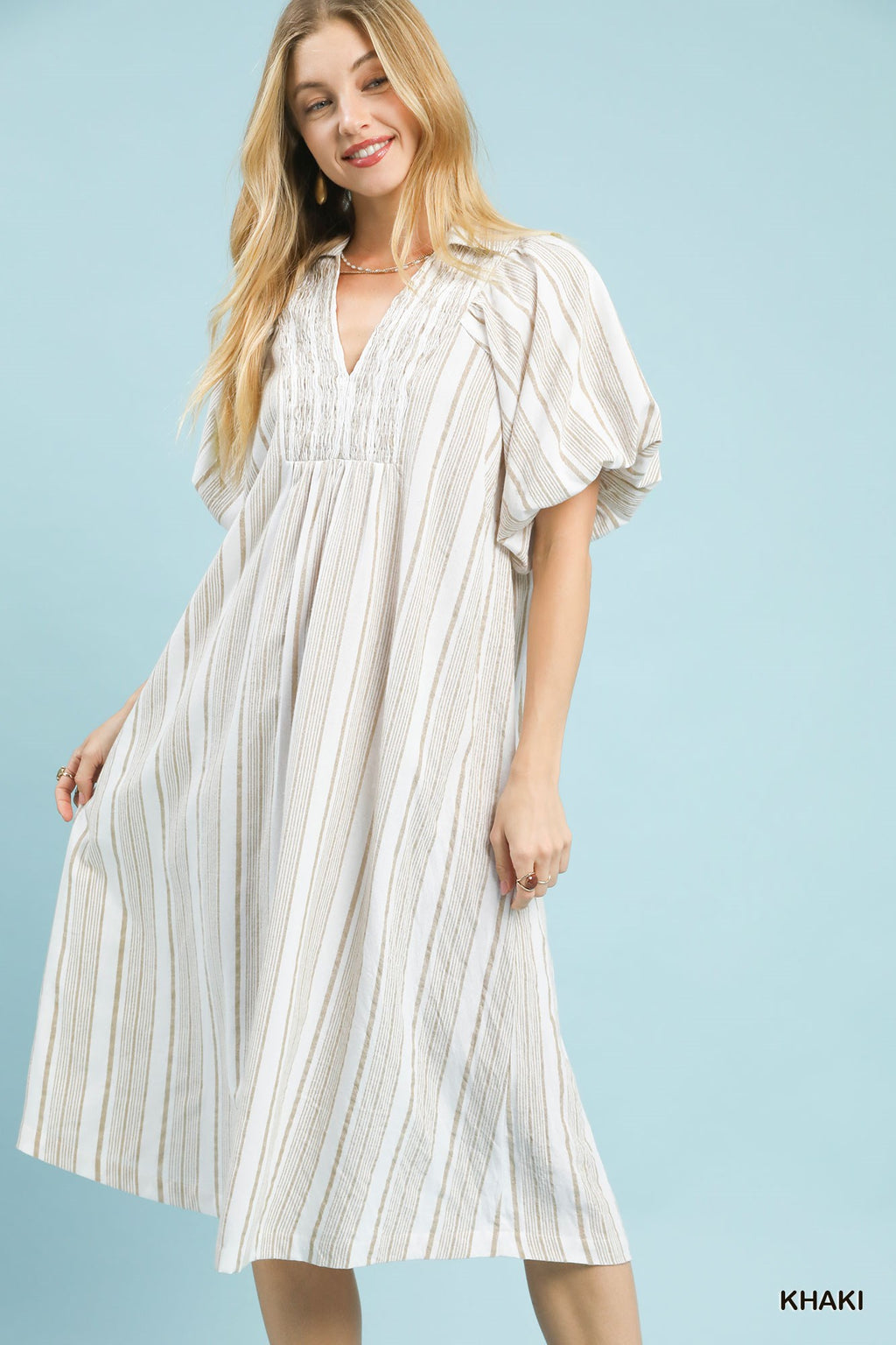 Striped Smocked V-Neck Midi Dress
