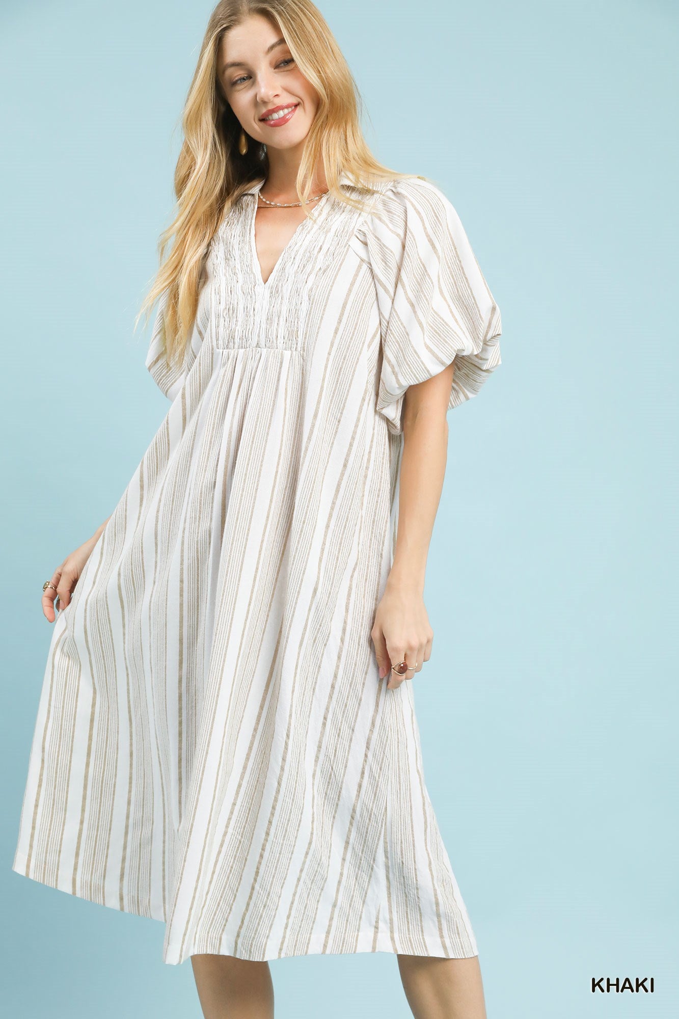 Striped Smocked V-Neck Midi Dress