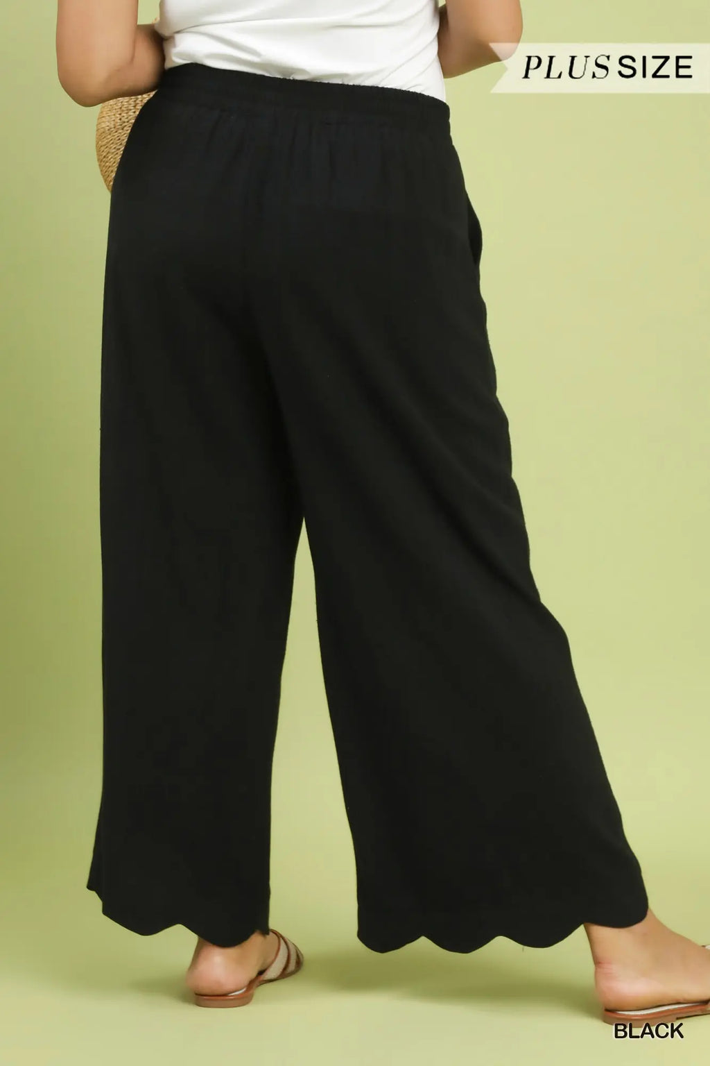 Plus Linen Blend Scallop Hem Wide Leg Pants