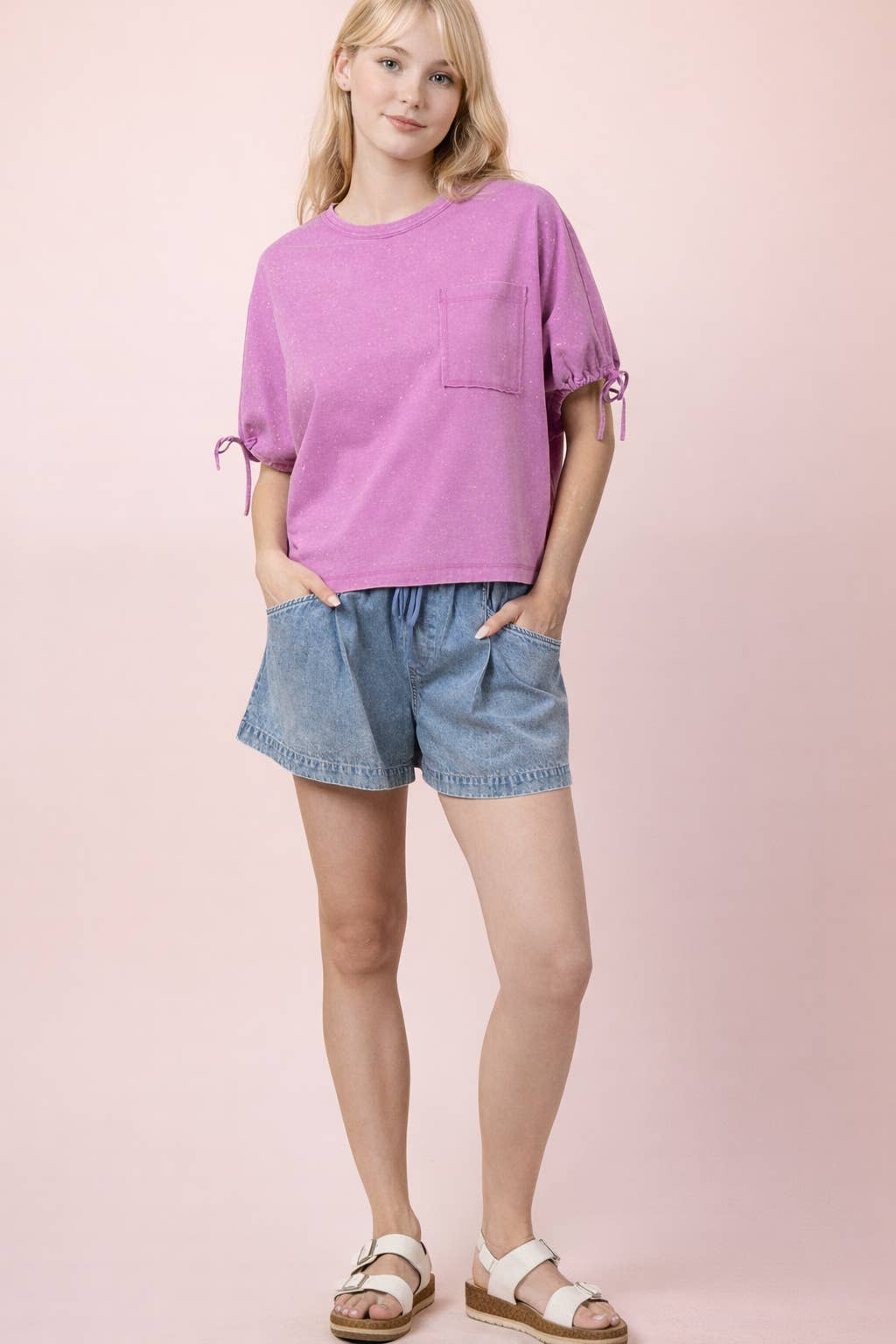 Elastic Waist Mineral Washed Chambray Shorts