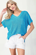V-Neck Ribbed Short Sleeve Sweater Top {Blue}
