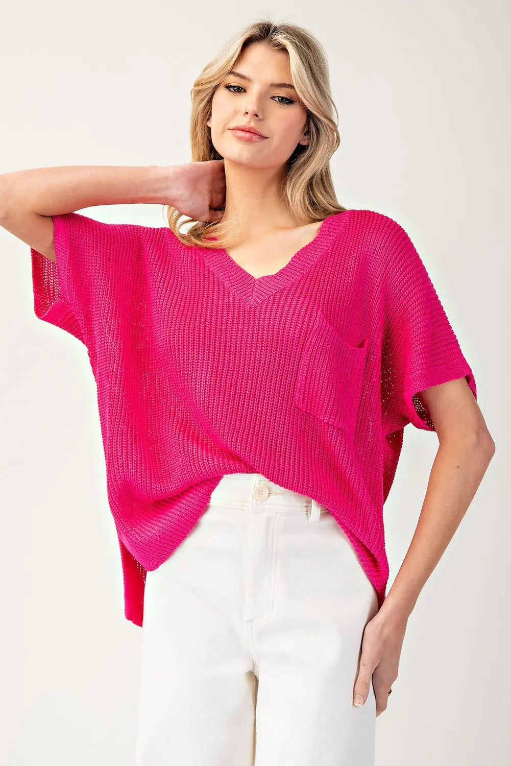 V-Neck Ribbed Short Sleeve Sweater Top {Hot Pink}