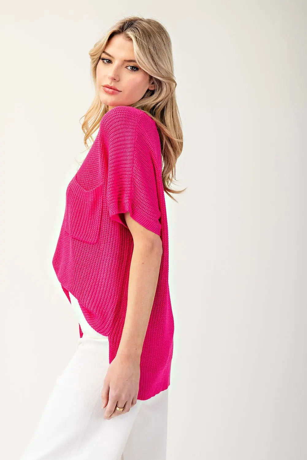 V-Neck Ribbed Short Sleeve Sweater Top {Hot Pink}
