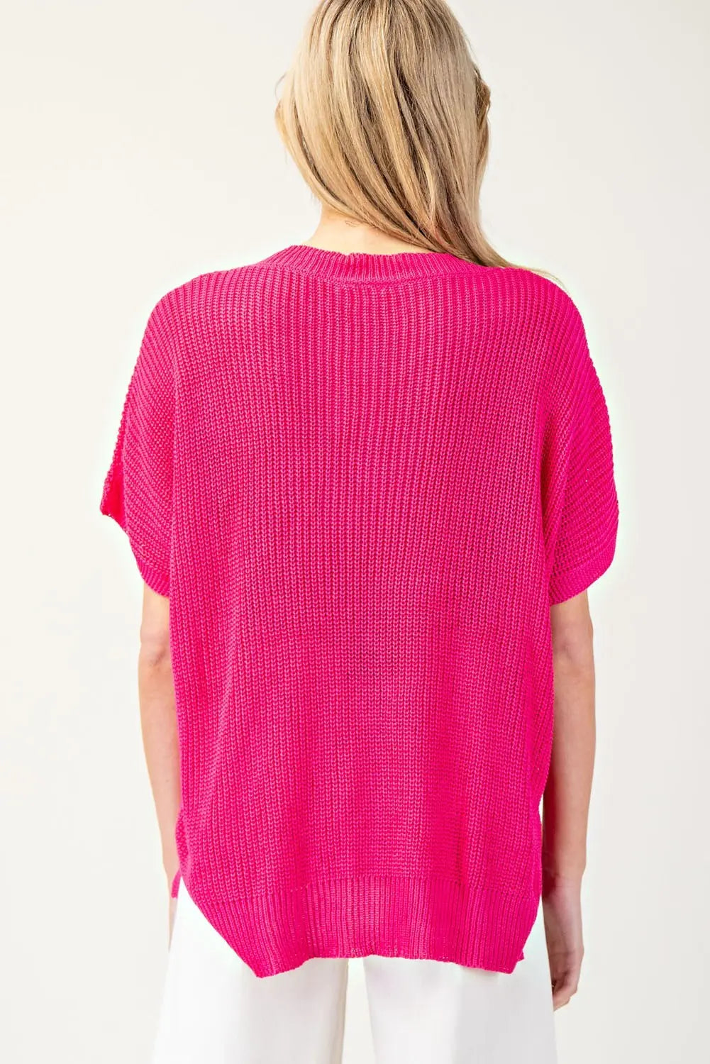 V-Neck Ribbed Short Sleeve Sweater Top {Hot Pink}