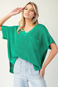 V-Neck Ribbed Short Sleeve Sweater Top {Kelly Green}