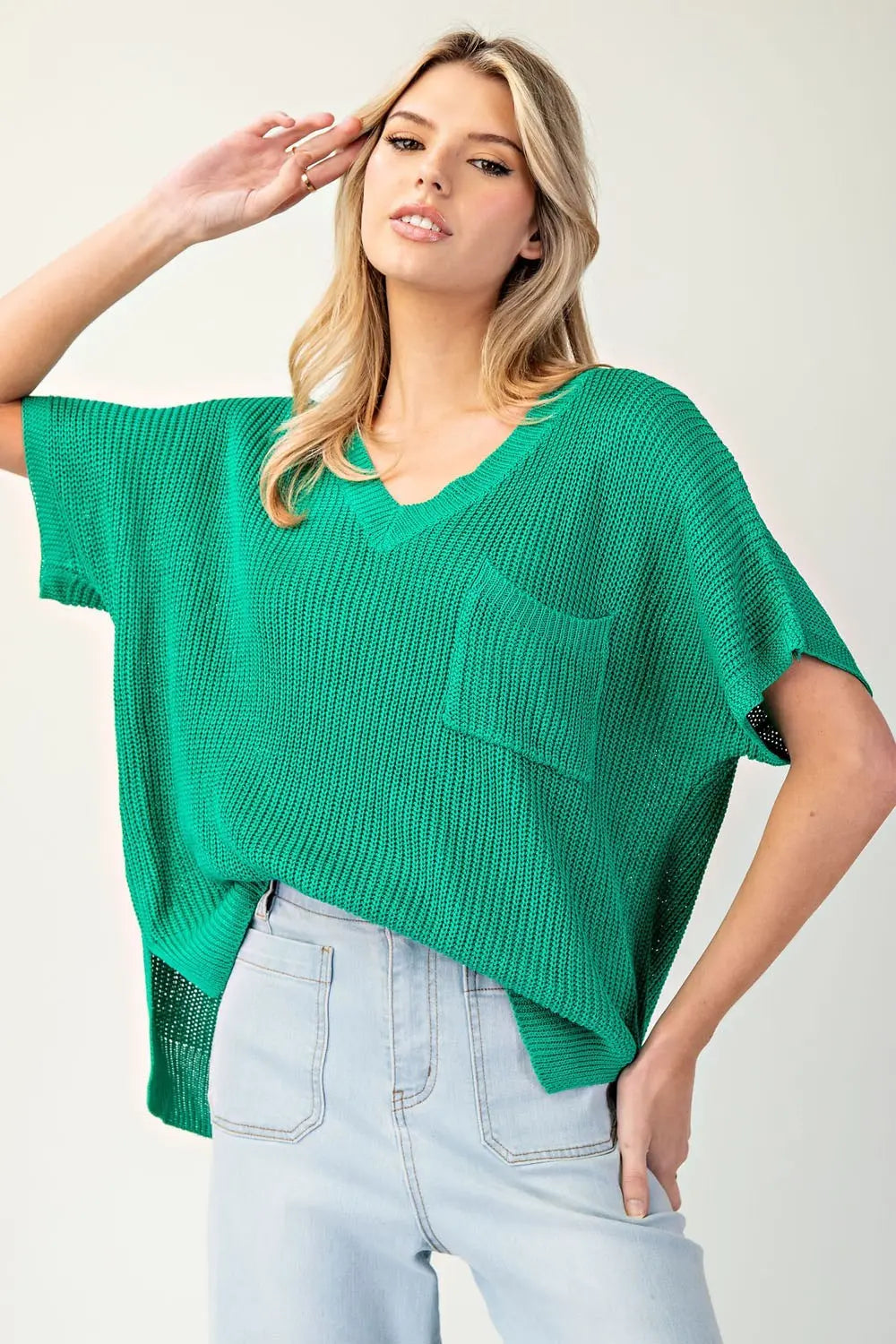 V-Neck Ribbed Short Sleeve Sweater Top {Kelly Green}