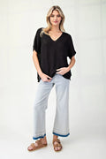 V-Neck Ribbed Short Sleeve Sweater Top {Black}