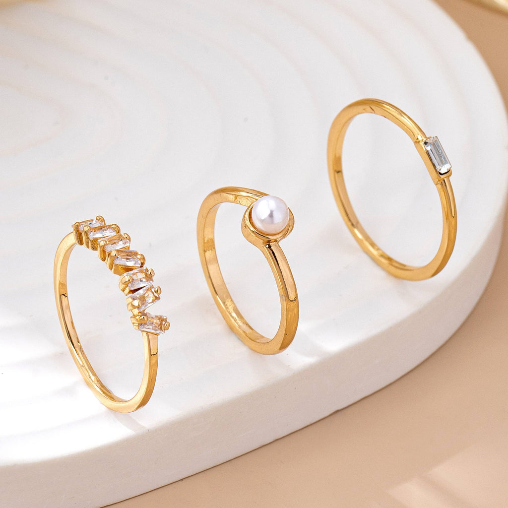 Pearl & Crystal Delicate Gold Ring Trio