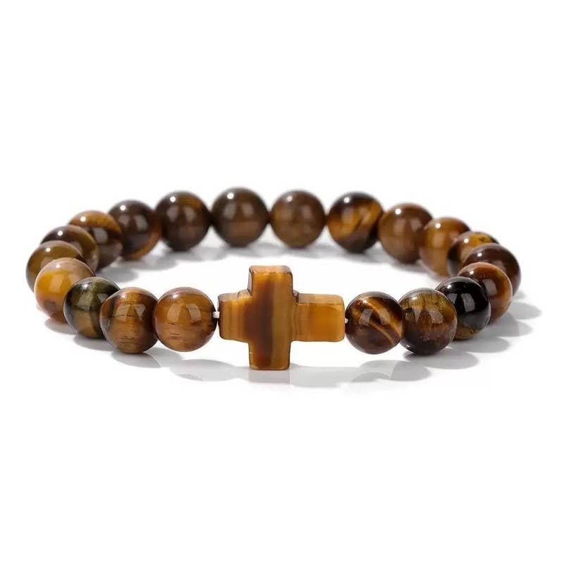 Boho Natural Stone Cross Charm Beaded Bracelet