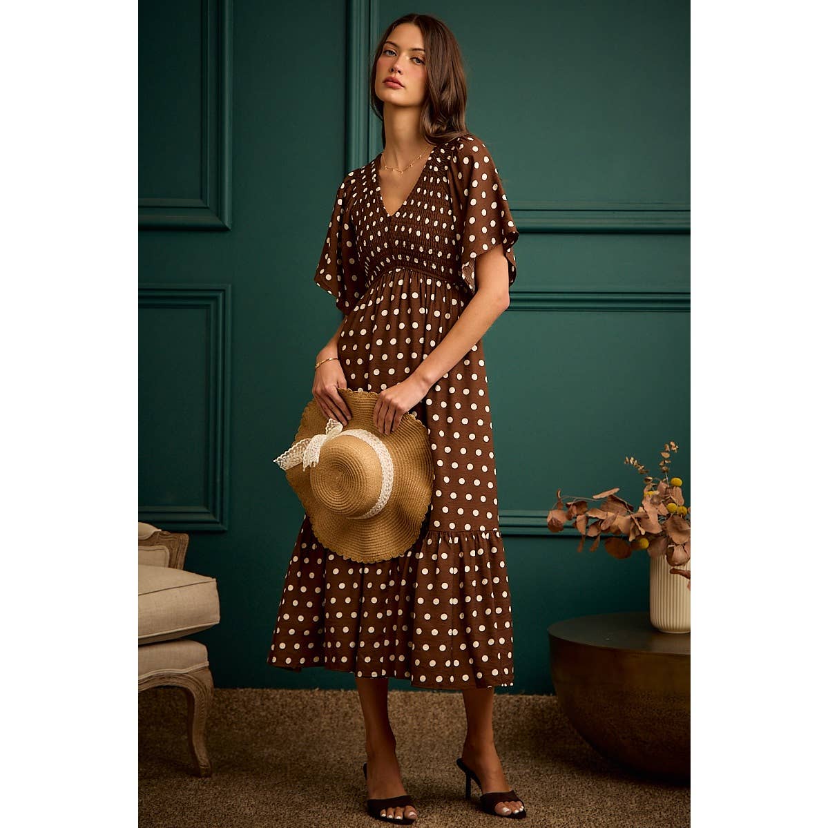 Polka Dot Flutter Sleeve Midi Dress