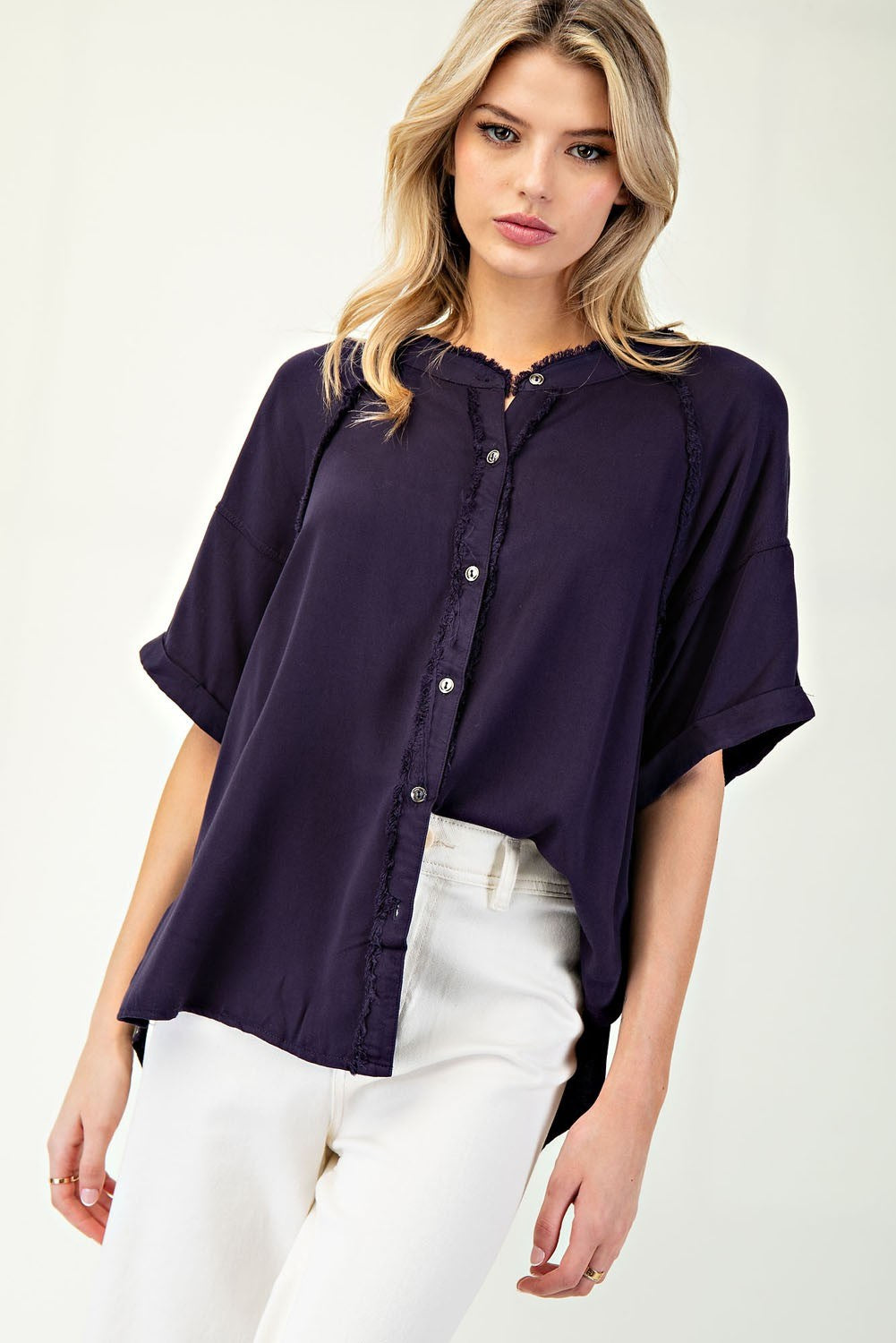 Frayed Button Down Half Sleeve Top