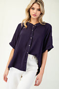 Frayed Button Down Half Sleeve Top