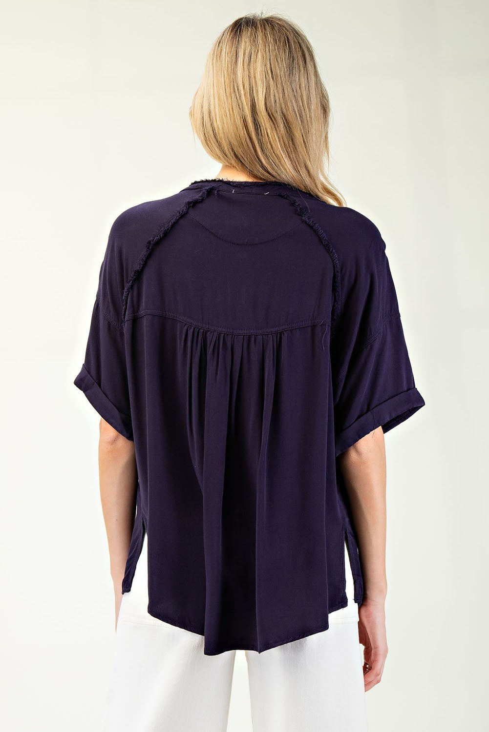 Frayed Button Down Half Sleeve Top