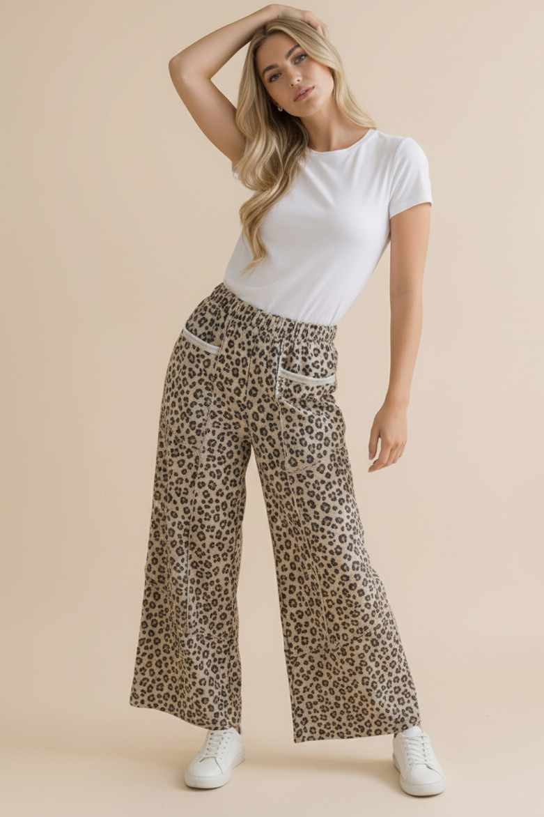Leopard French Terry Wide Leg Pocket Pants
