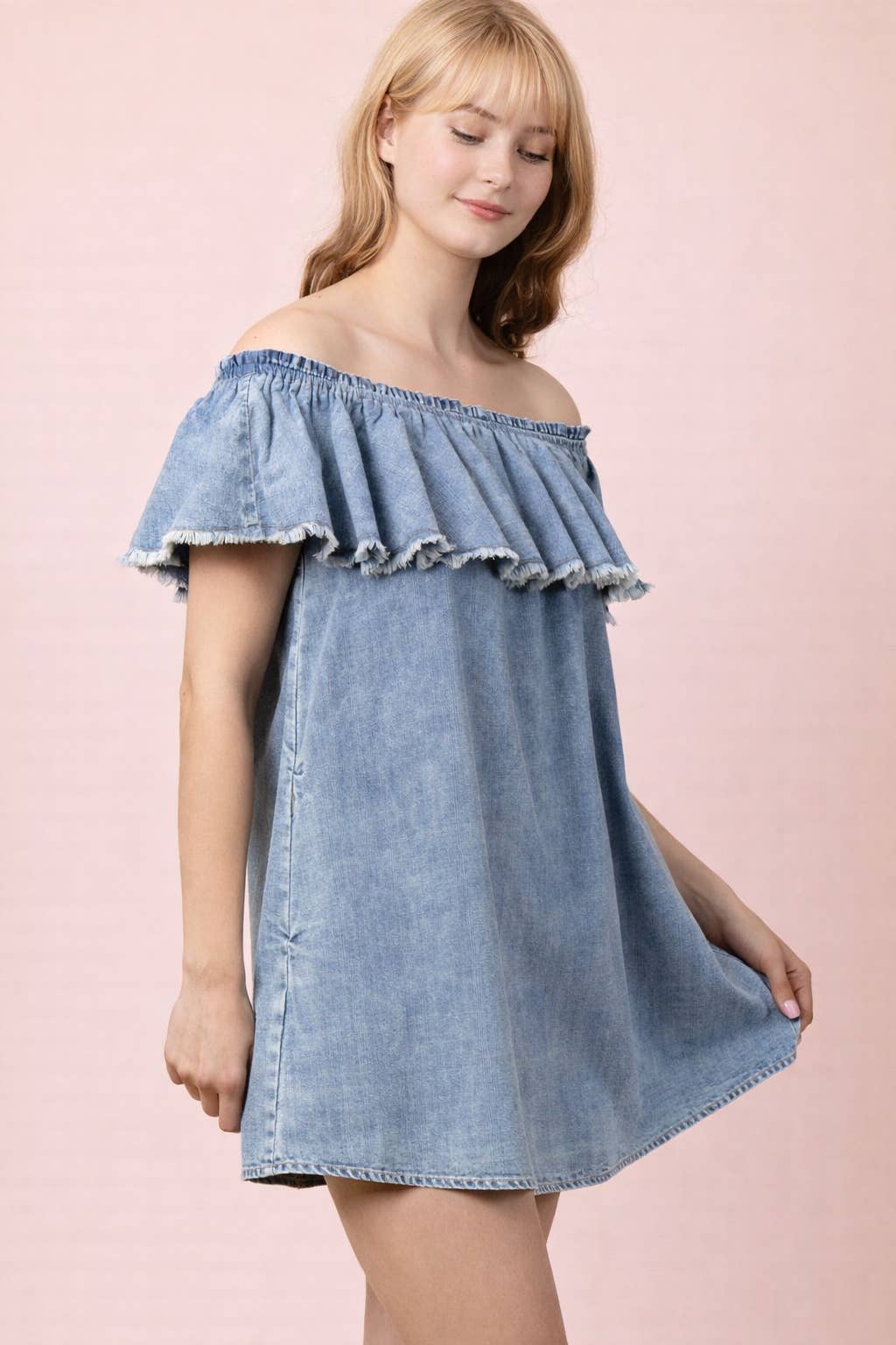 Off Shoulder Washed Chambray Mini Dress