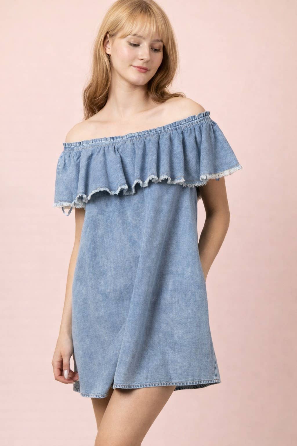 Off Shoulder Washed Chambray Mini Dress