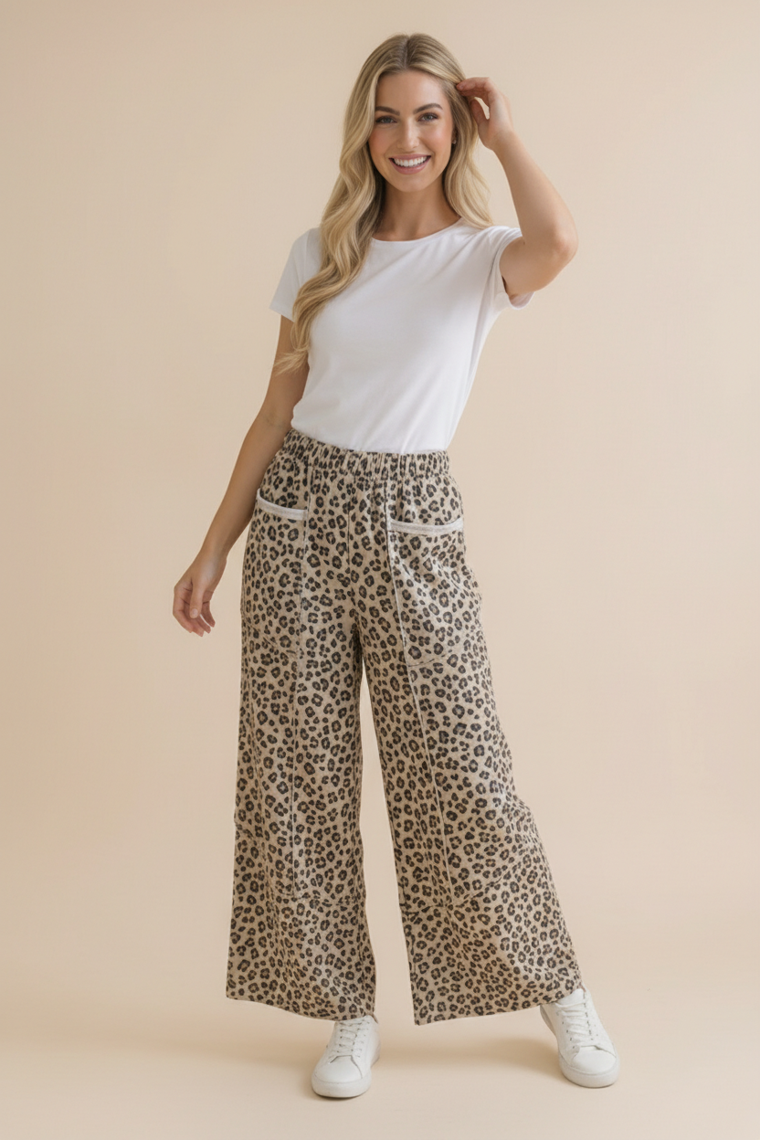 Leopard French Terry Wide Leg Pocket Pants