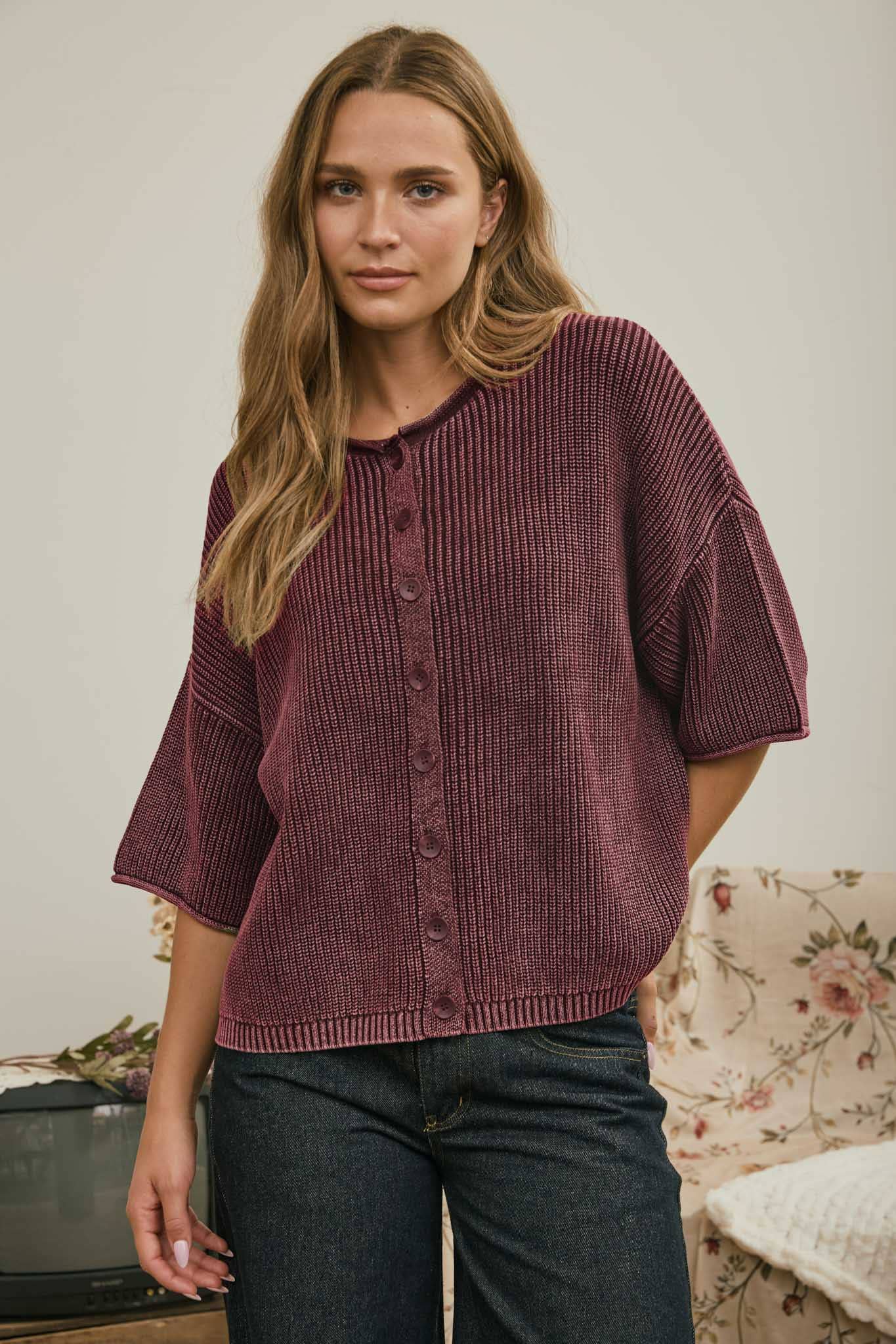 Ribbed Short Sleeve Cardigan {Burgundy}