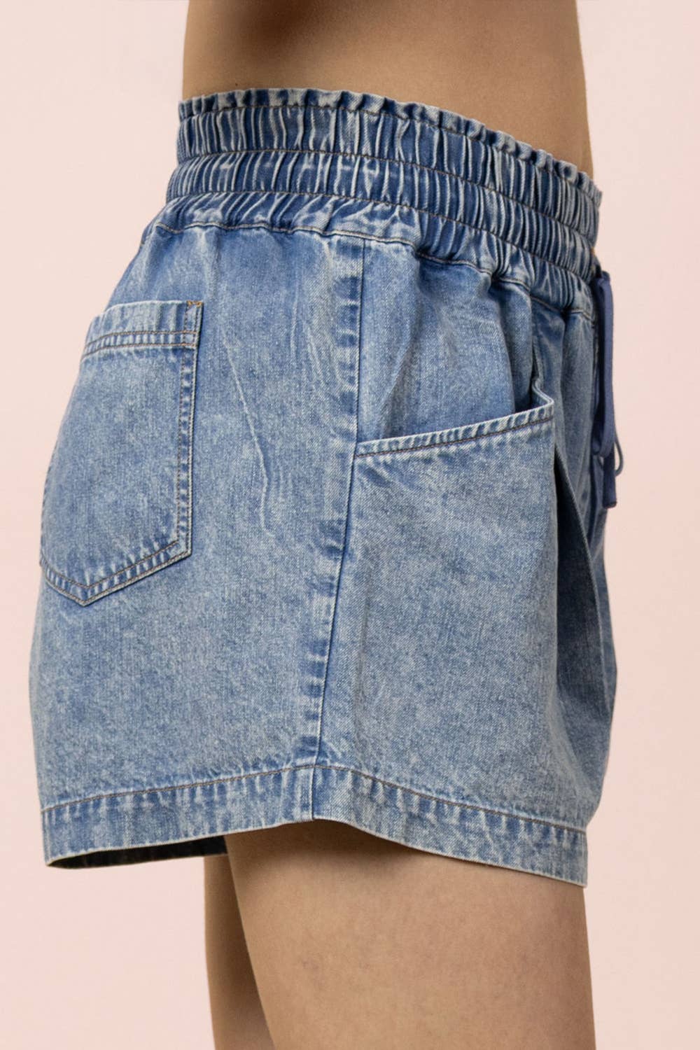 Elastic Waist Mineral Washed Chambray Shorts