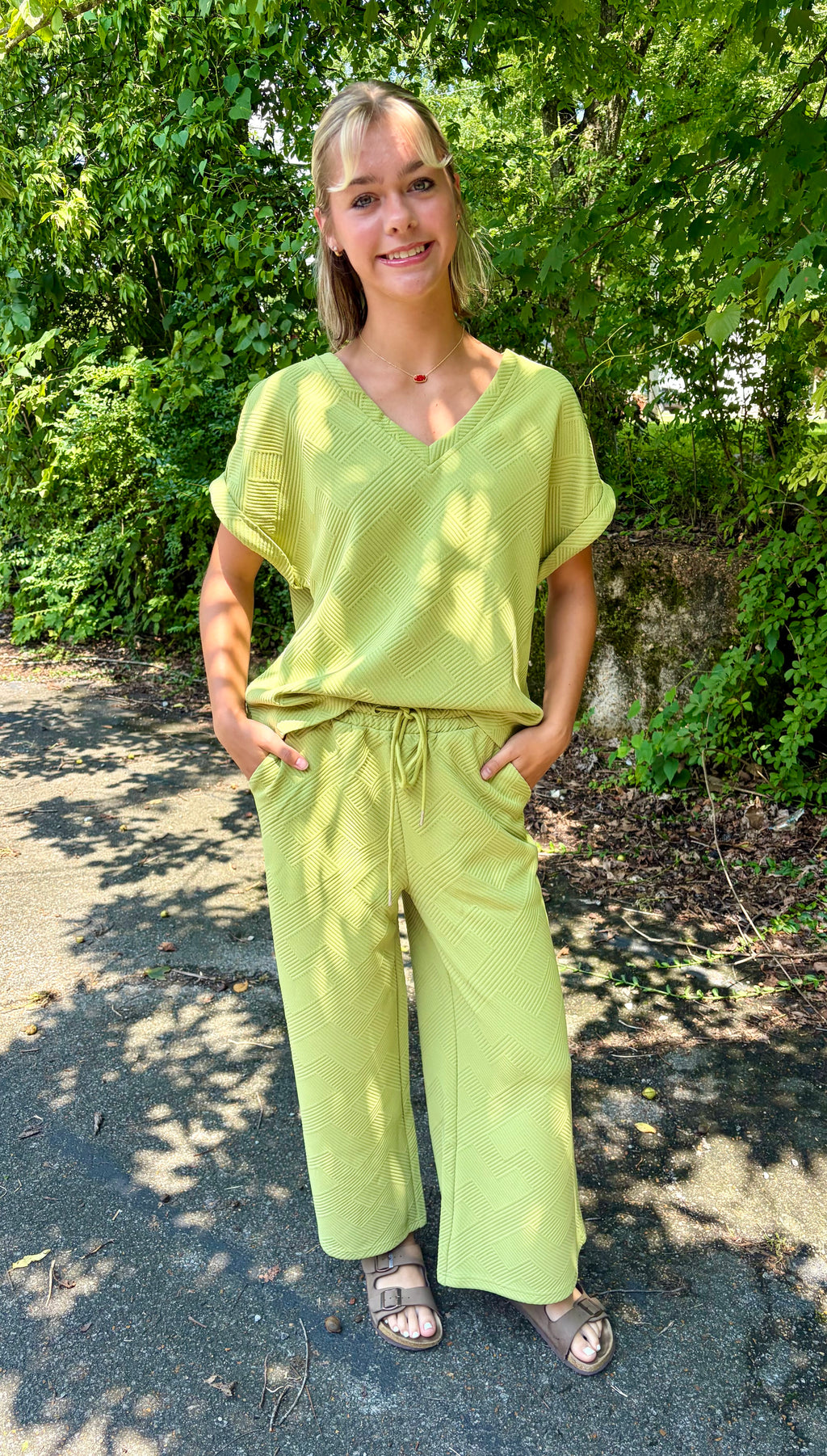 Textured V-neck Top & Pant Set