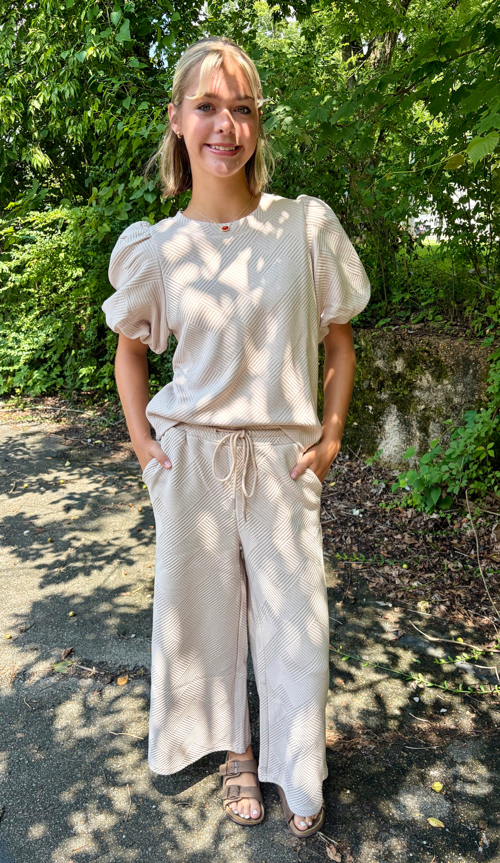 Puff Sleeve Textured Blouse & Pant Set