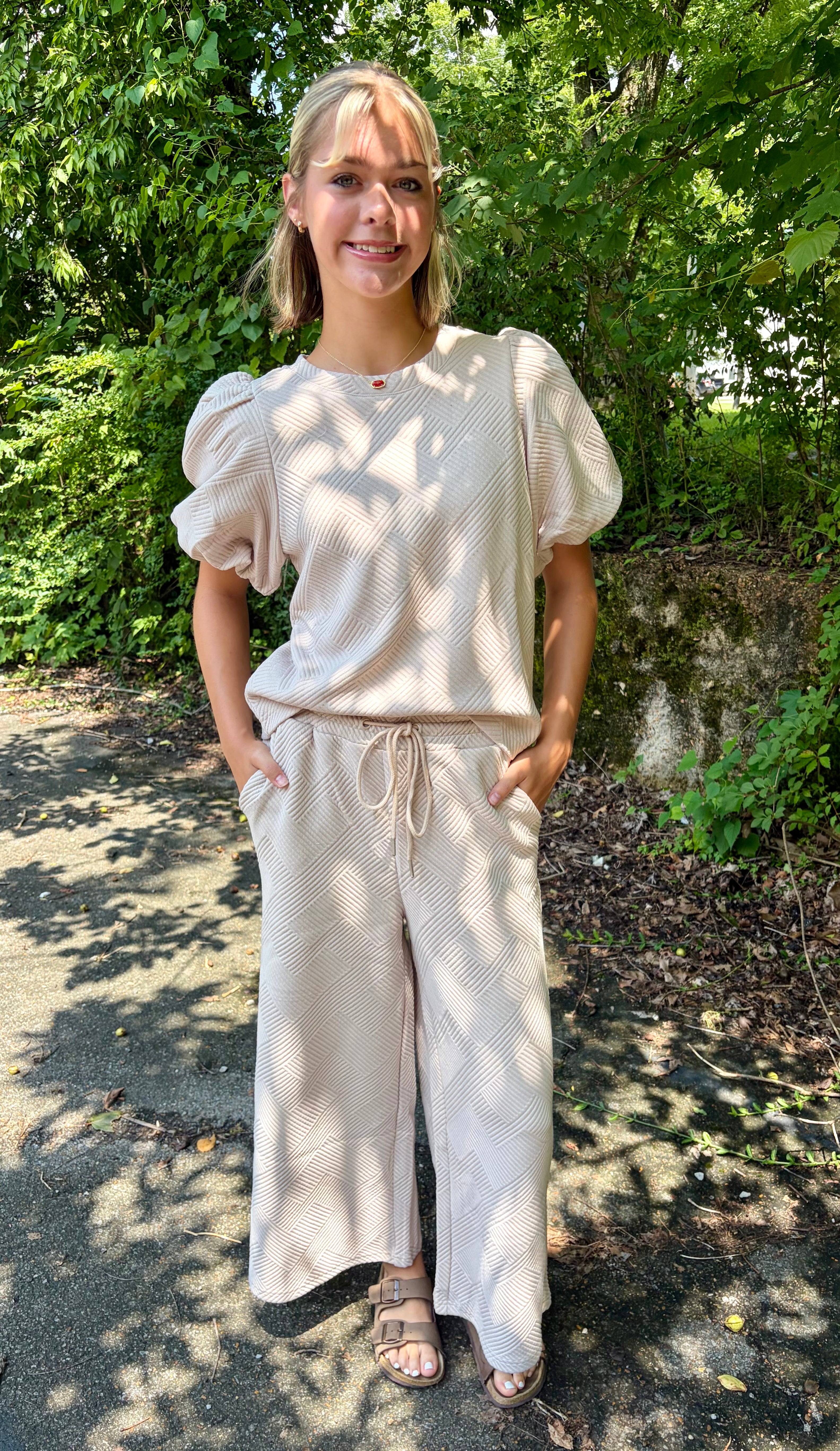 Puff Sleeve Textured Blouse & Pant Set