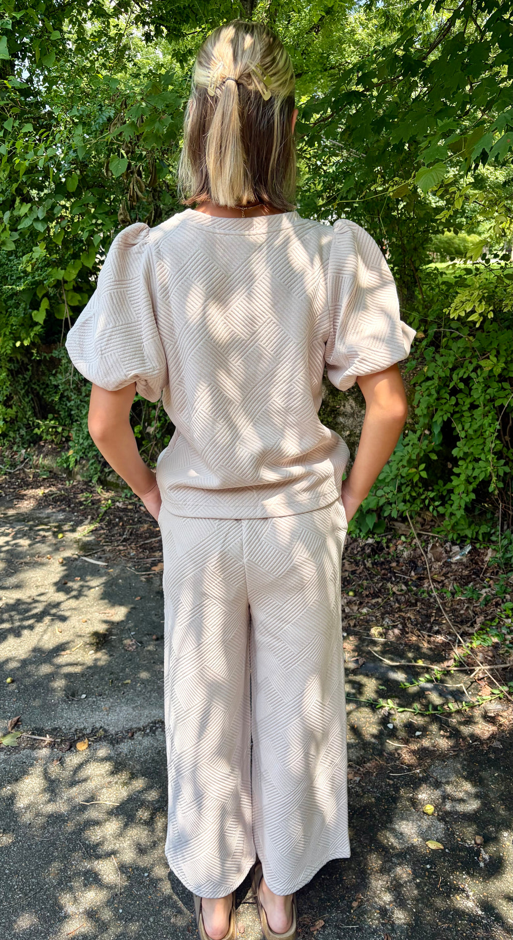 Puff Sleeve Textured Blouse & Pant Set