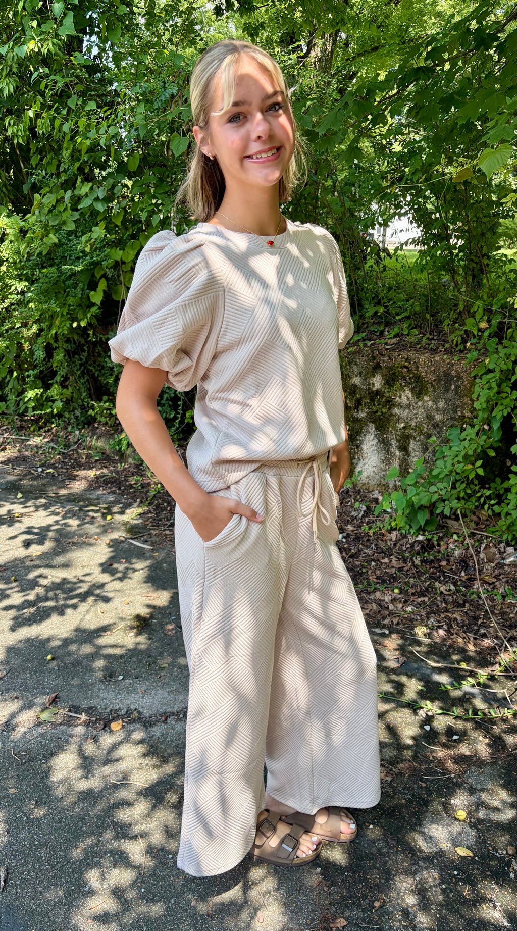 Puff Sleeve Textured Blouse & Pant Set